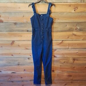 Tinseltown Blue Denim Jean Jumpsuit With Ruffle Straps